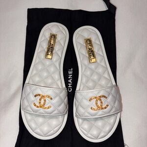 Chanel Quilted White and Gold Slide Sandals